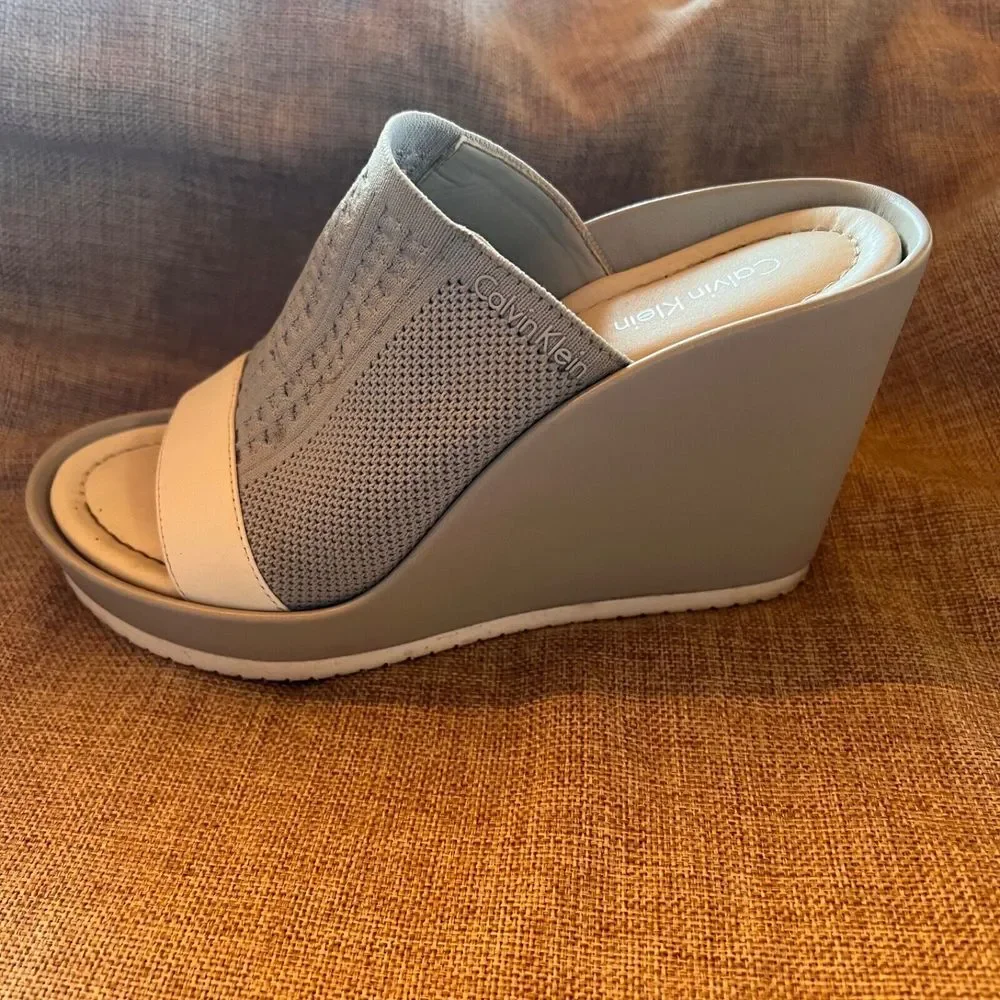 Calvin Klein Wedge Platform Gray‎ Slide Sandals Stretch PreOwned Size 8 EU 38 4